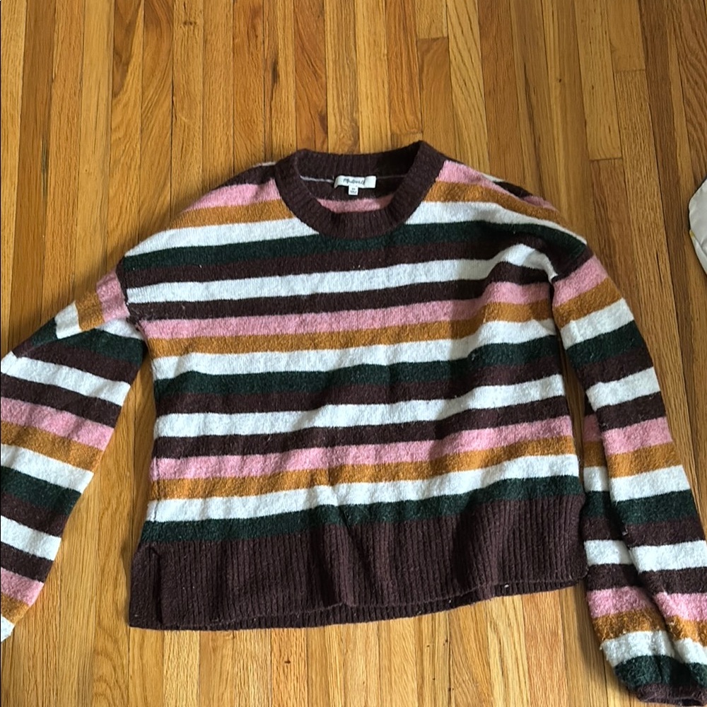 Madewell Brown and Pink Crew Neck Striped Sweater
